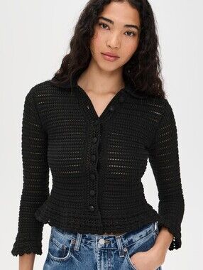 Madewell Melissa Cotton Crochet Knit Pointell Sweater Peplum Cardigan New Large